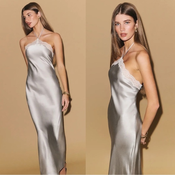 Reformation Dresses & Skirts - NWT Reformation Aara Silk Lace Halter Midi Maxi Slip Dress Moonlight Light Grey